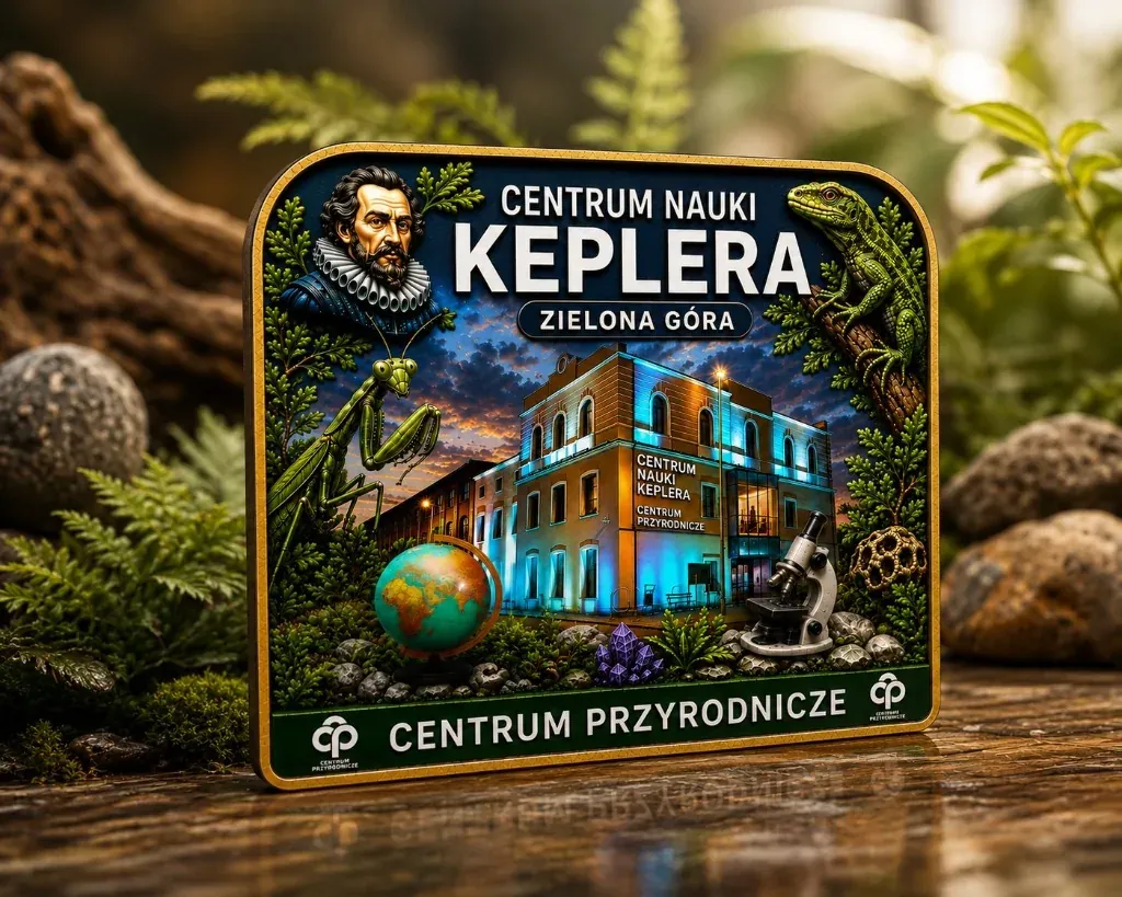 Magnes pamiątkowy 3D z nadrukiem UV dla centrum nauki — budynek i patron jako gadżet dla zwiedzających