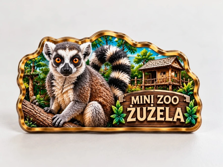 Magnes 3D Mini Zoo Żużela z lemurem katta – wypukła drewniana tablica z nazwą ośrodka i domek na palach