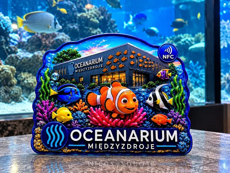 Magnes 3D z chipem NFC: budynek Oceanarium Międzyzdroje, błazenek i rafa koralowa w wypukłym reliefie