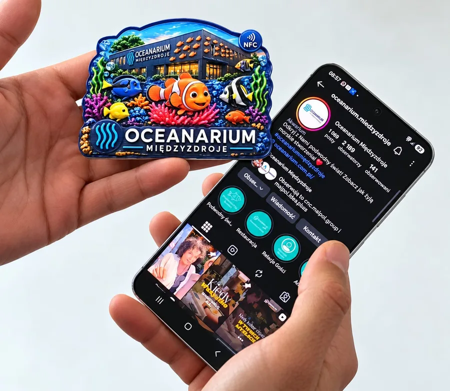 Magnes 3D z chipem NFC dla Oceanarium Międzyzdroje — po zbliżeniu telefonu otwiera się profil na Instagramie