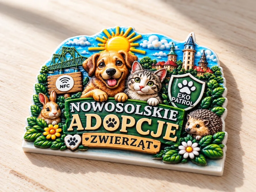 Magnes 3D z psem, kotem, królikiem i jeżem przed mostem i wieżami kościoła, z napisem Nowosolskie Adopcje Zwierząt