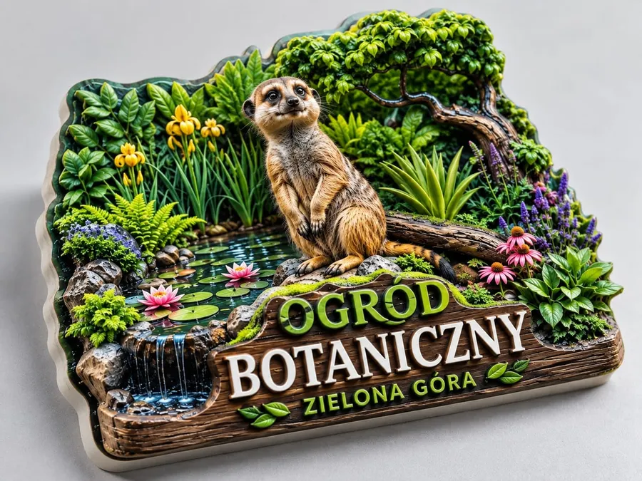 Magnes 3D w zbliżeniu – surykatka nad oczkiem wodnym z liliami i wodospadem, napis Ogród Botaniczny Zielona Góra