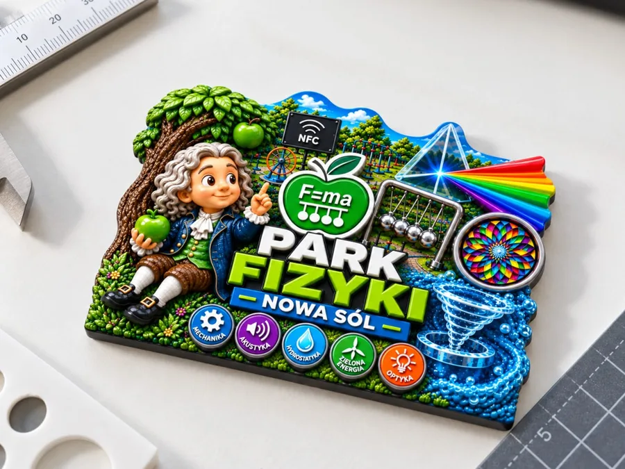 Magnes 3D Park Fizyki Nowa Sól na blacie roboczym – Newton pod jabłonią, pryzmat i pięć odznak z dziedzinami fizyki