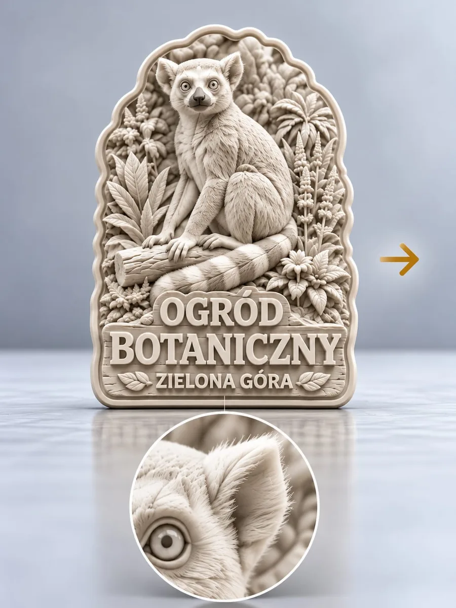 Wydrukowana w 3D baza magnesu dla Ogrodu Botanicznego – lemur i rośliny w surowym reliefie, bez koloru