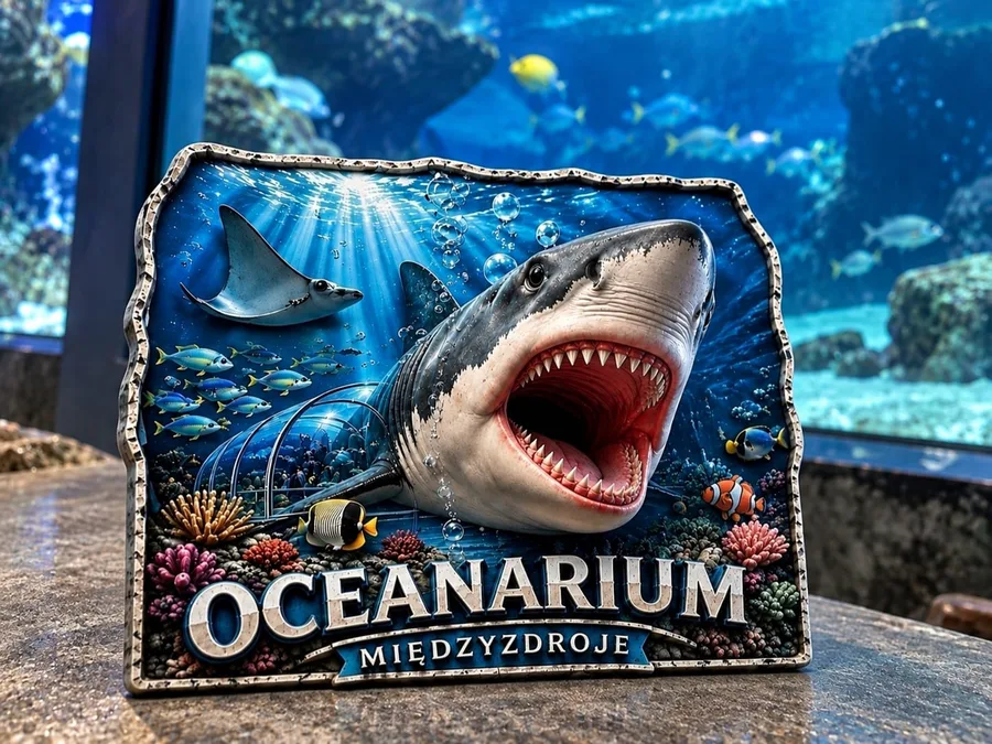 Magnes 3D z rekinem i płaszczką dla Oceanarium Międzyzdroje, ustawiony na blacie przed akwarium