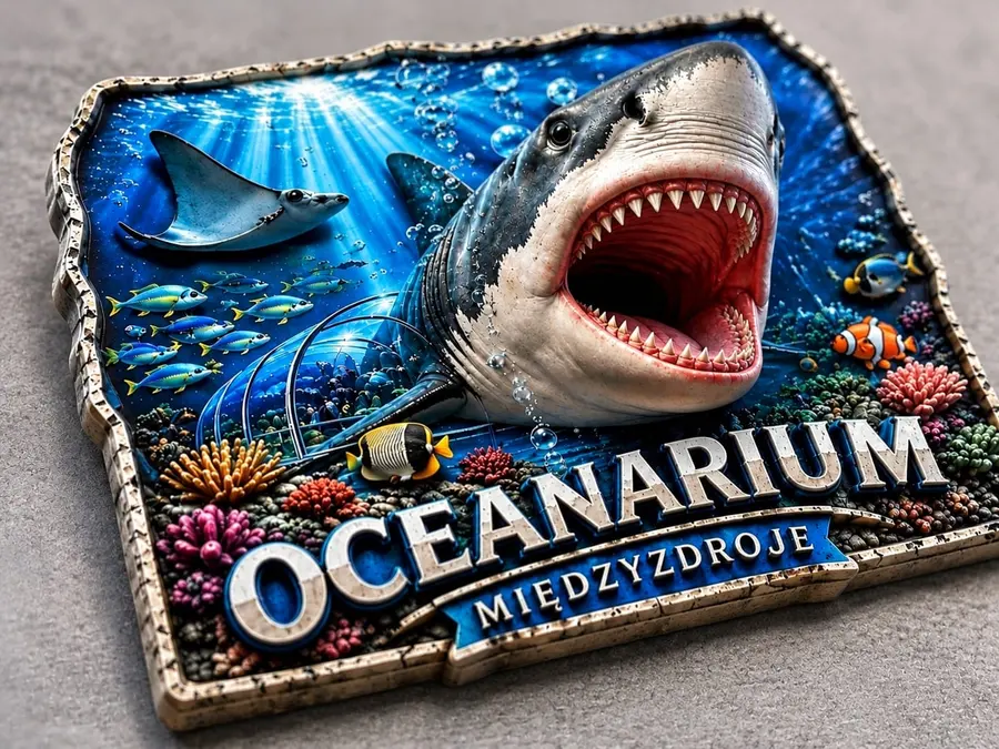 Magnes 3D dla Oceanarium Międzyzdroje w zbliżeniu – wielopoziomowy relief z rekinem, płaszczką i rafą