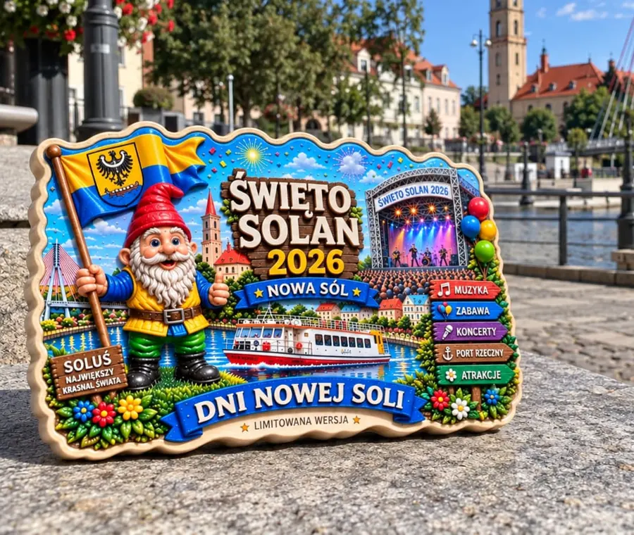 Magnes Święto Solan na kamiennej półce nad Odrą, w tle most, wieża kościoła i nabrzeże Nowej Soli