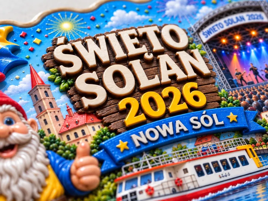 Zbliżenie napisu Święto Solan 2026 wypukłymi literami na drewnianej tablicy, obok scena koncertowa