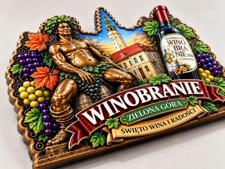 Magnes 3D Winobranie pod kątem – widać wypukły relief postaci Bachusa i wieży ratusza