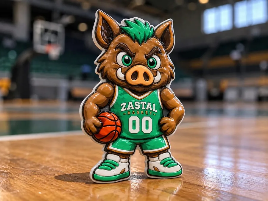 Magnes 3D z maskotką dzika w zielonym stroju Zastal Basket z numerem 00 i piłką do koszykówki