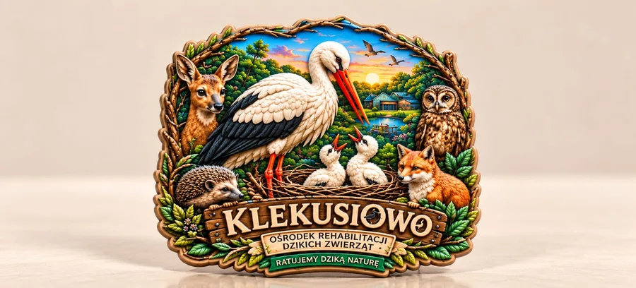 Magnes na lodówkę z bocianem nad gniazdem, sową, lisem, sarną i jeżem, z napisem Klekusiowo
