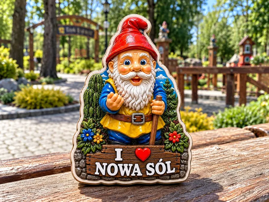 Magnes na lodówkę z krasnalem i tabliczką Nowa Sól, sfotografowany w Parku Krasnala