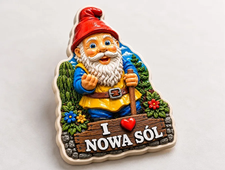 Magnes na lodówkę w kształcie krasnala, z drewnianą tabliczką I love Nowa Sól