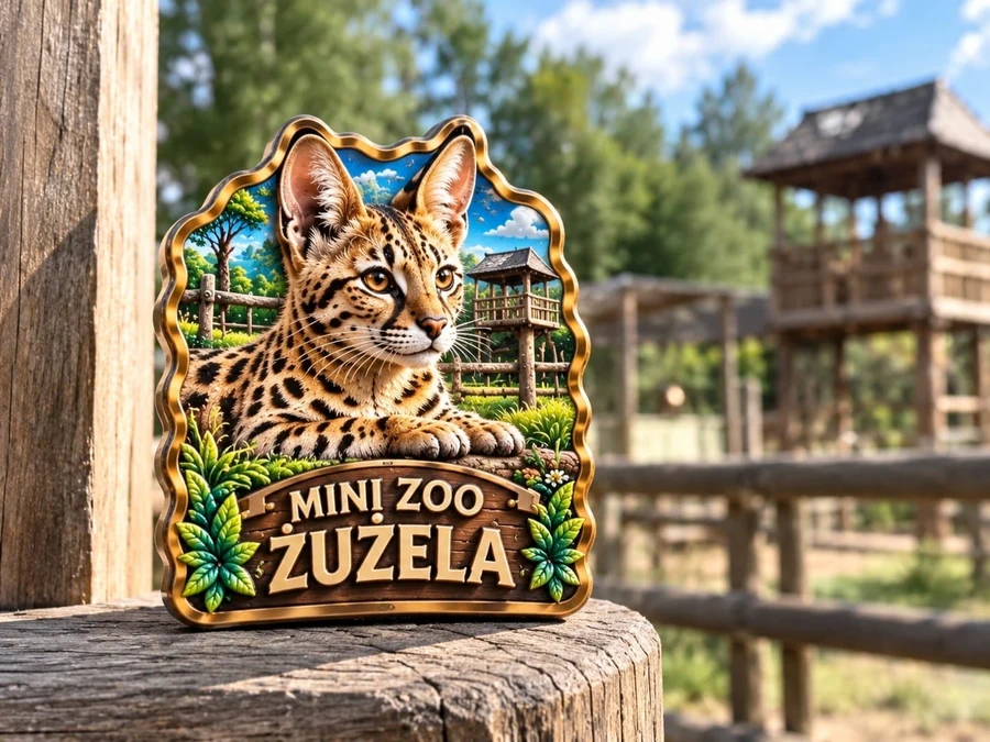 Magnes na lodówkę Mini Zoo Żużela z serwalem na drewnianym słupku, w tle wybieg i wieża widokowa