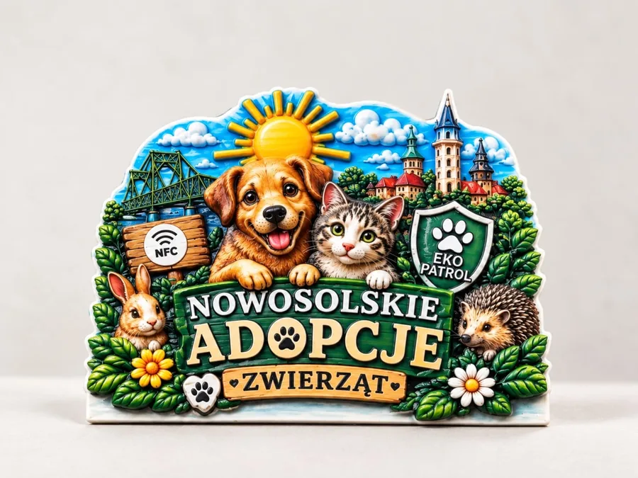 Magnes na lodówkę Nowosolskie Adopcje Zwierząt – pies i kot nad zieloną tablicą z nazwą akcji