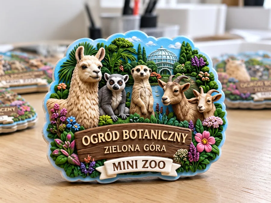 Magnes na lodówkę z lamą, lemurem, surykatką i kozami, z napisem Ogród Botaniczny Zielona Góra i wstęgą Mini Zoo