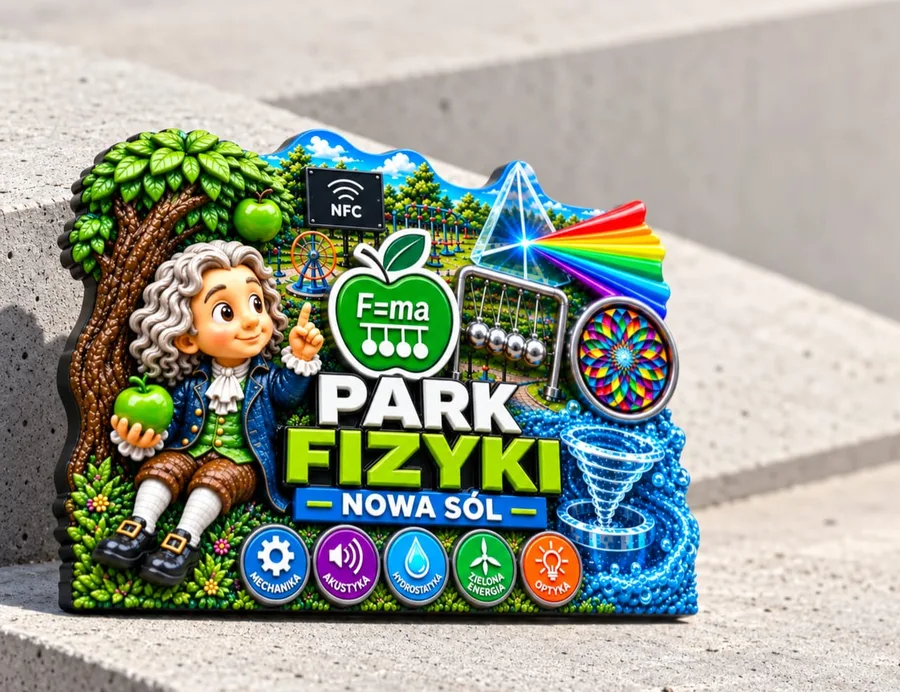 Magnes Park Fizyki Nowa Sól na betonowych schodach, ze znacznikiem NFC w reliefie