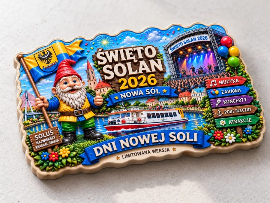 Magnes na lodówkę Święto Solan 2026 Nowa Sól – Soluś z flagą, statek na Odrze i drogowskazy z programem