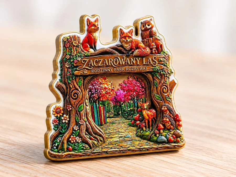 Magnes na lodówkę Zaczarowany Las – lisy i sowa wychodzą poza prostokątny obrys wzoru