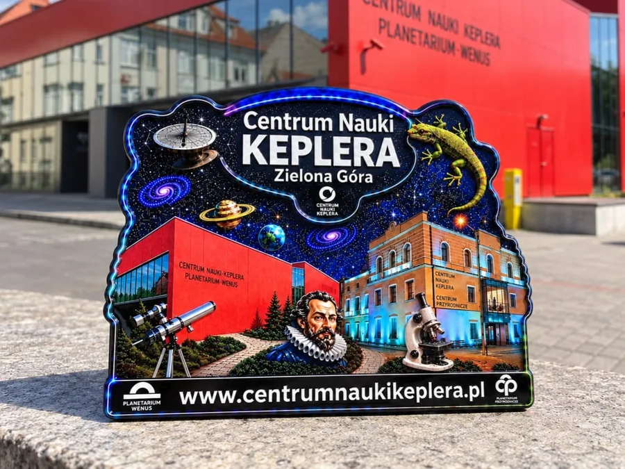 Magnes pamiątkowy z portretem Keplera i teleskopem przed czerwonym budynkiem centrum nauki