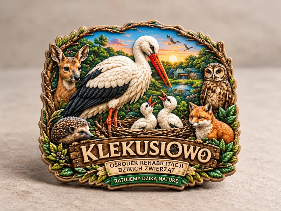 Magnes pamiątkowy Klekusiowo na szarym tle – trzy tabliczki z nazwą, funkcją ośrodka i hasłem Ratujemy dziką naturę