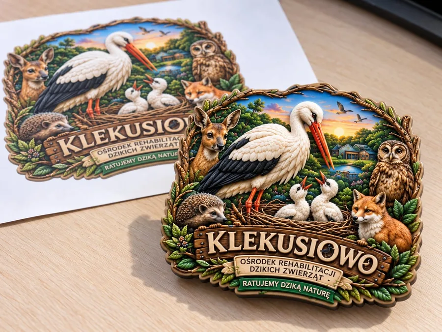 Gotowy magnes Klekusiowo obok wydrukowanego projektu wzoru na biurku