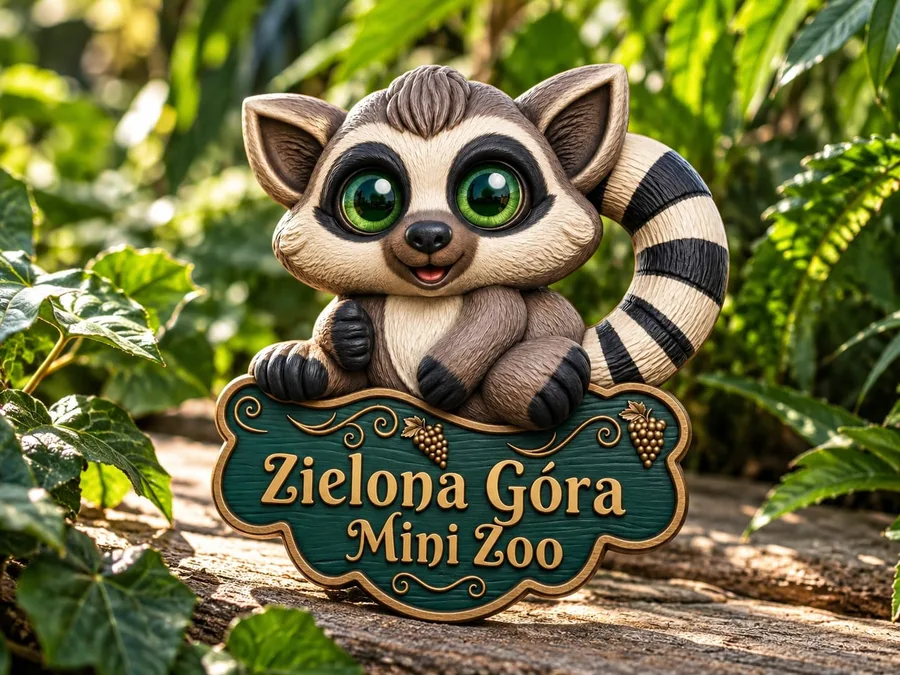 Magnes pamiątkowy w kształcie lemura trzymającego tabliczkę z napisem Zielona Góra Mini Zoo