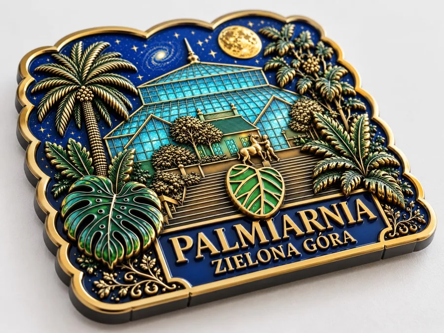 Magnes pamiątkowy Palmiarnia Zielona Góra w zbliżeniu – złocony obrys, schody i liście palm w reliefie