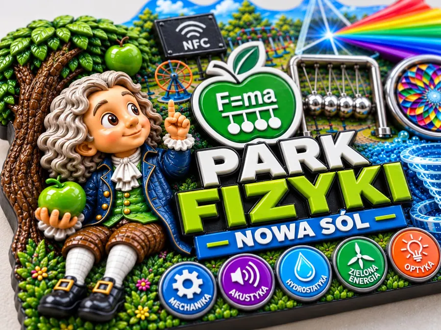 Zbliżenie magnesu Park Fizyki – Newton, jabłko ze wzorem F=ma i odznaki dziedzin fizyki