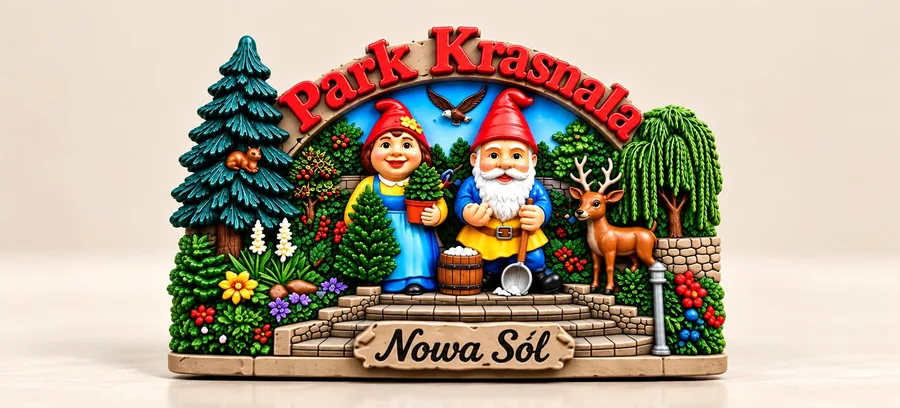 Magnes pamiątkowy z parą krasnali, świerkiem i sarną, z napisem Park Krasnala i tabliczką Nowa Sól