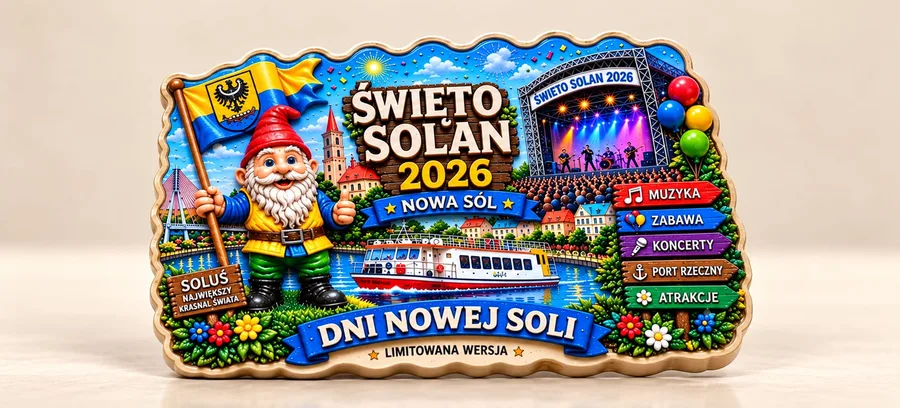 Magnes pamiątkowy ze Solusiem, herbem, sceną koncertową i statkiem, z napisem Święto Solan Nowa Sól