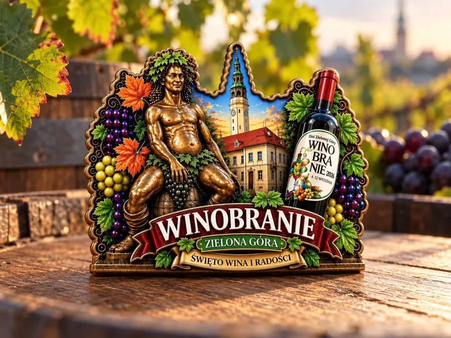 Magnes pamiątkowy z Bachusem, ratuszem i winoroślą – wzór na Winobranie w Zielonej Górze
