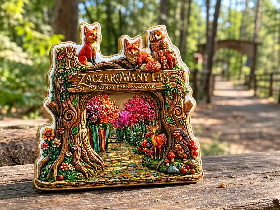 Magnes pamiątkowy Zaczarowany Las na tle prawdziwej bramy parku