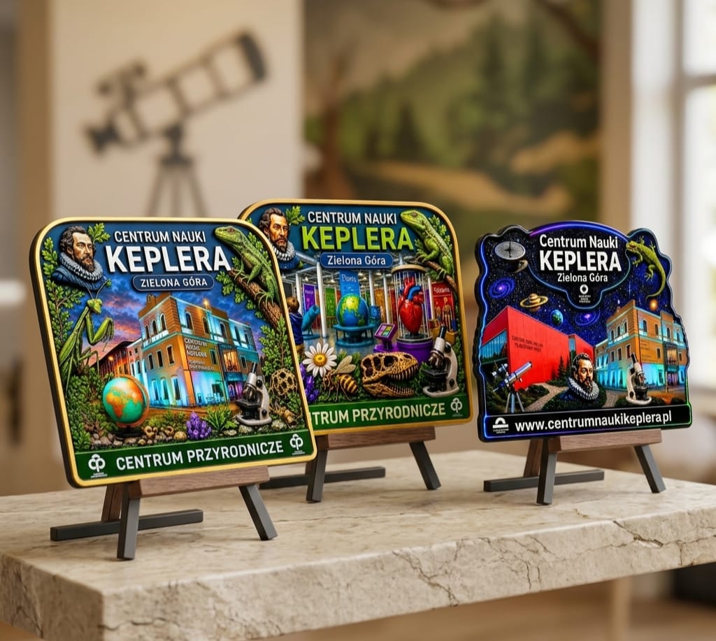 Magnesy 3D w trzech wariantach kolorystycznych dla centrum nauki — seria pamiątek dla zwiedzających