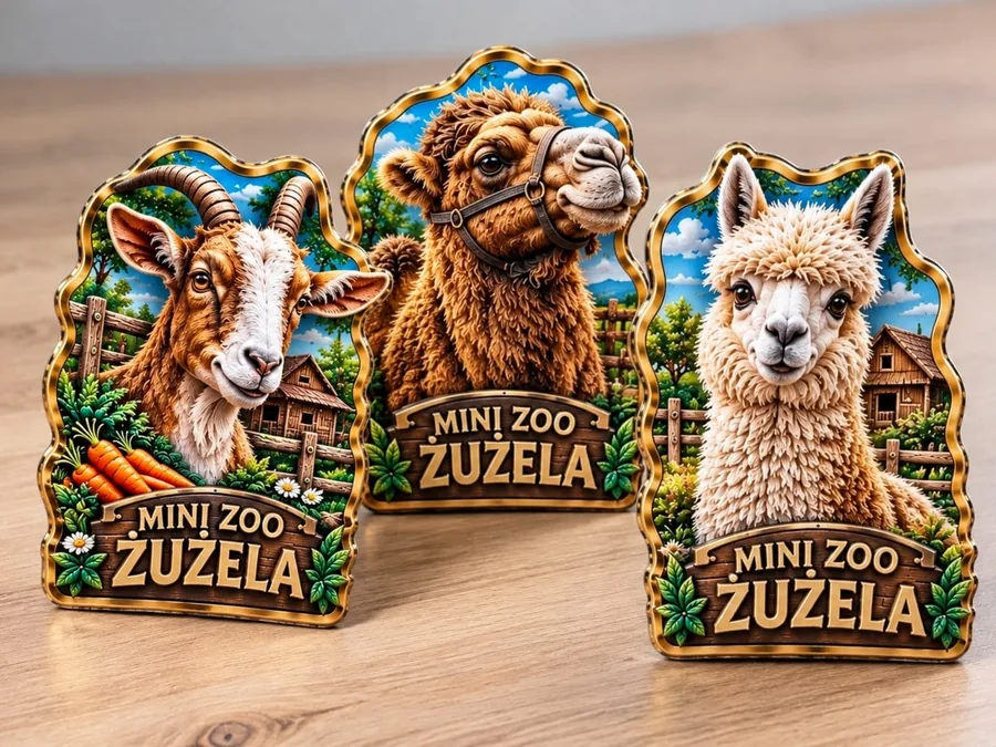 Trzy magnesy 3D Mini Zoo Żużela na drewnianym blacie – koza, wielbłąd i alpaka w złotych obrysach