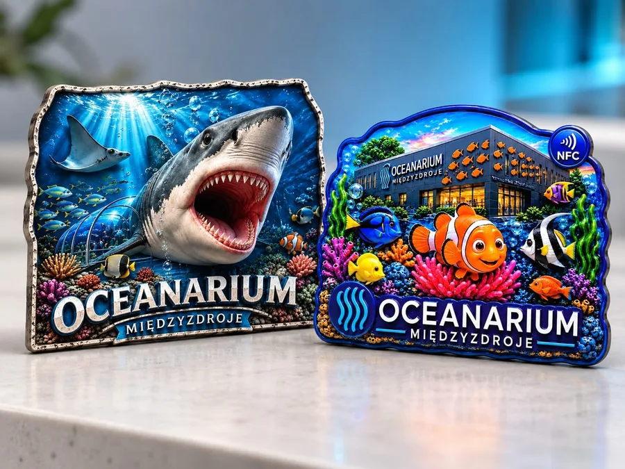 Dwa wzory magnesów 3D dla Oceanarium Międzyzdroje: rekin w kamiennej ramce i wersja z chipem NFC