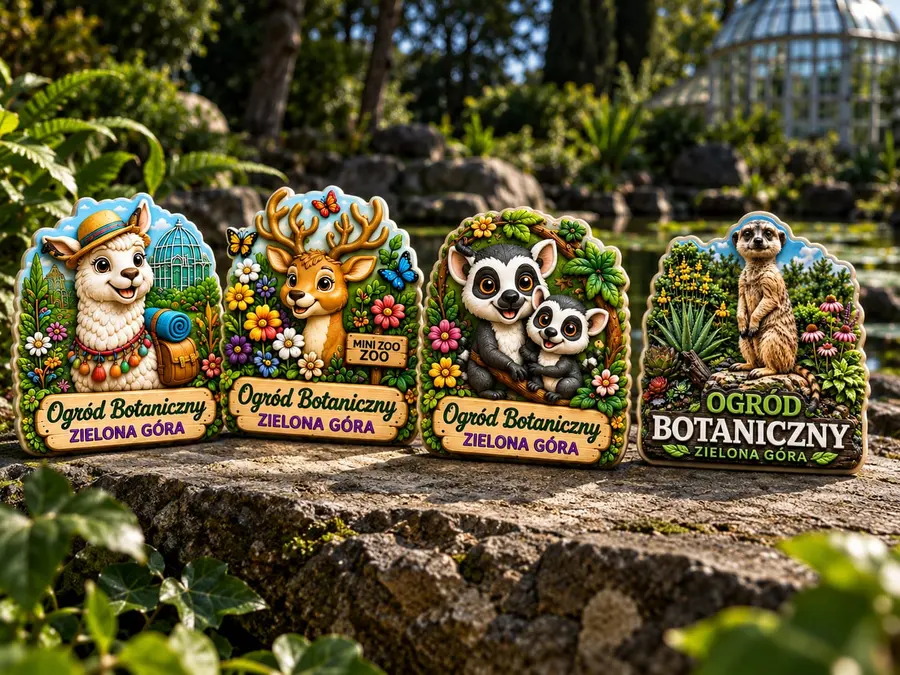 Cztery magnesy 3D z lamą, sarną, lemurami i surykatką, ustawione w Ogrodzie Botanicznym Zielona Góra