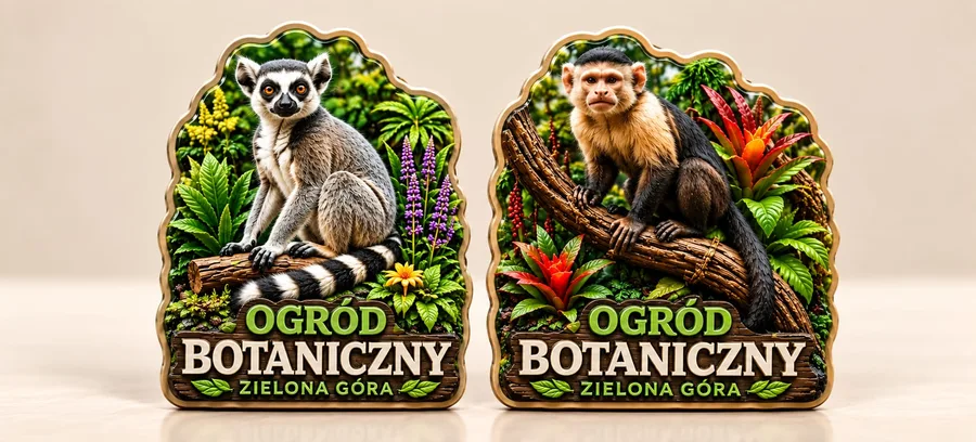 Dwa magnesy 3D z lemurem i kapucynką wśród tropikalnej zieleni, z napisem Ogród Botaniczny Zielona Góra