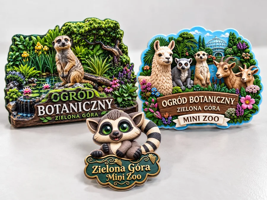 Trzy magnesy na lodówkę dla Ogrodu Botanicznego Zielona Góra – surykatka, grupa zwierząt i lemur z tabliczką