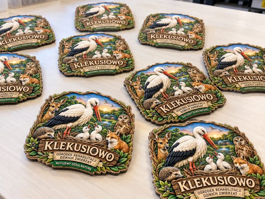 Kilkanaście magnesów pamiątkowych Klekusiowo rozłożonych na stole po produkcji