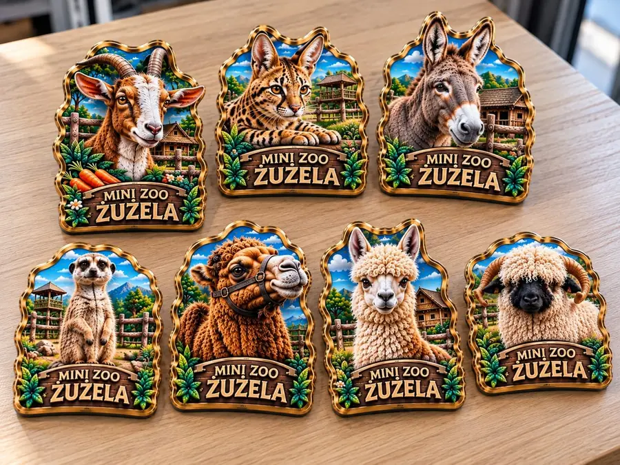 Siedem magnesów pamiątkowych 3D Mini Zoo Żużela na stole – koza, serwal, osioł, surykatka, wielbłąd, alpaka i owca